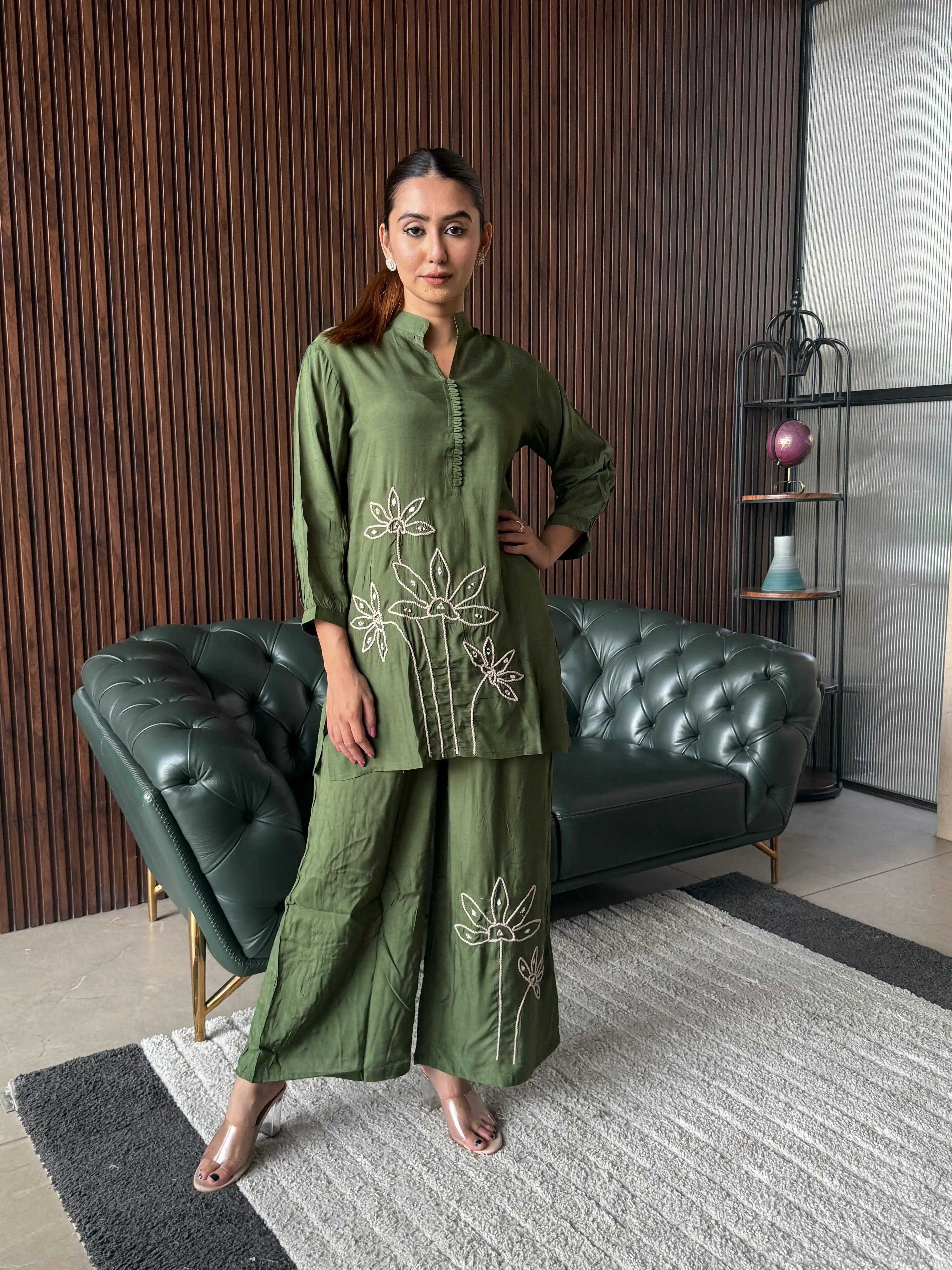 OLIVE EMBROIDERED COORD SET