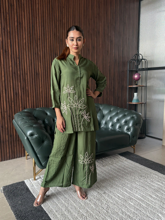 OLIVE EMBROIDERED COORD SET