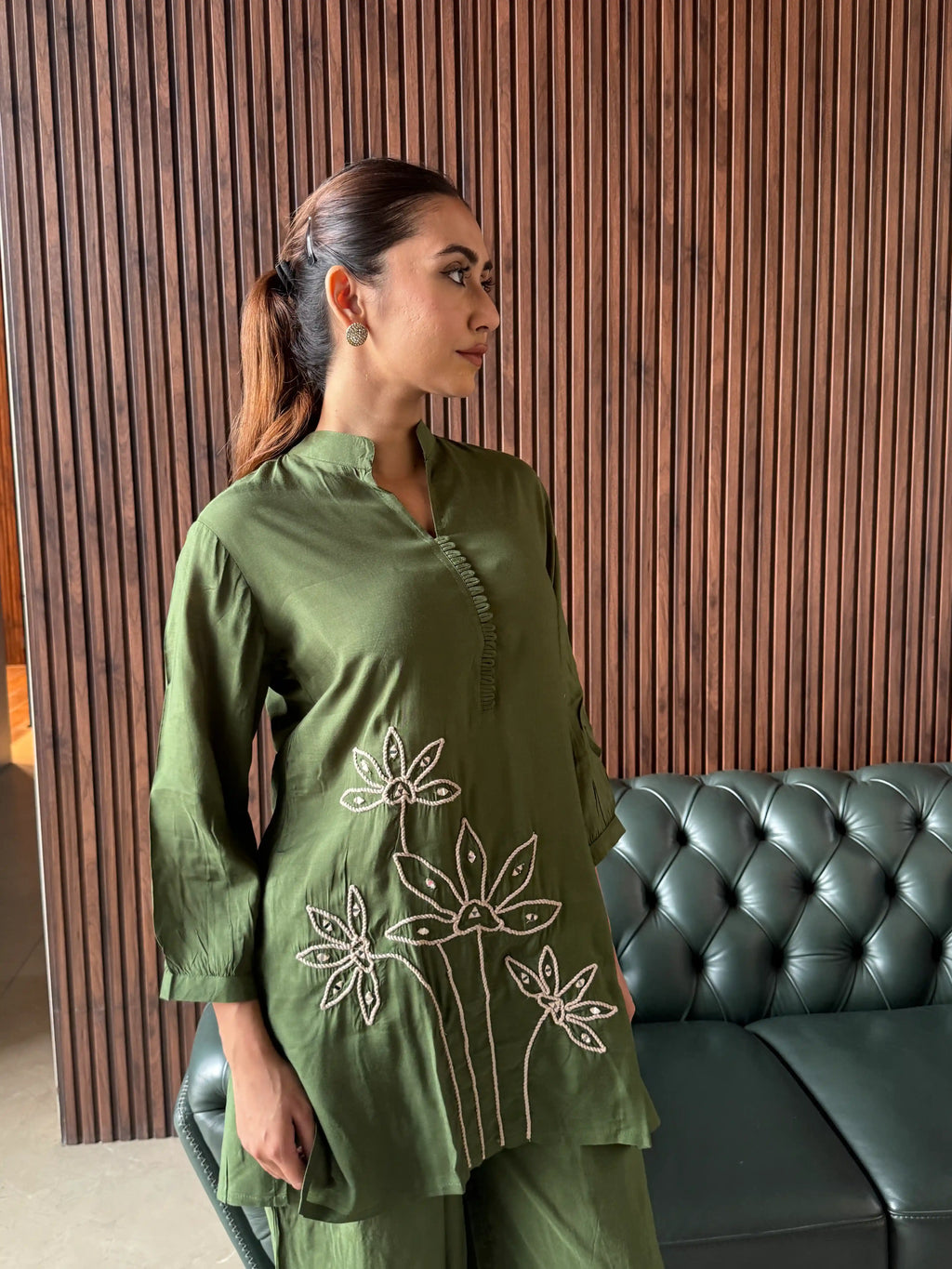 OLIVE EMBROIDERED COORD SET