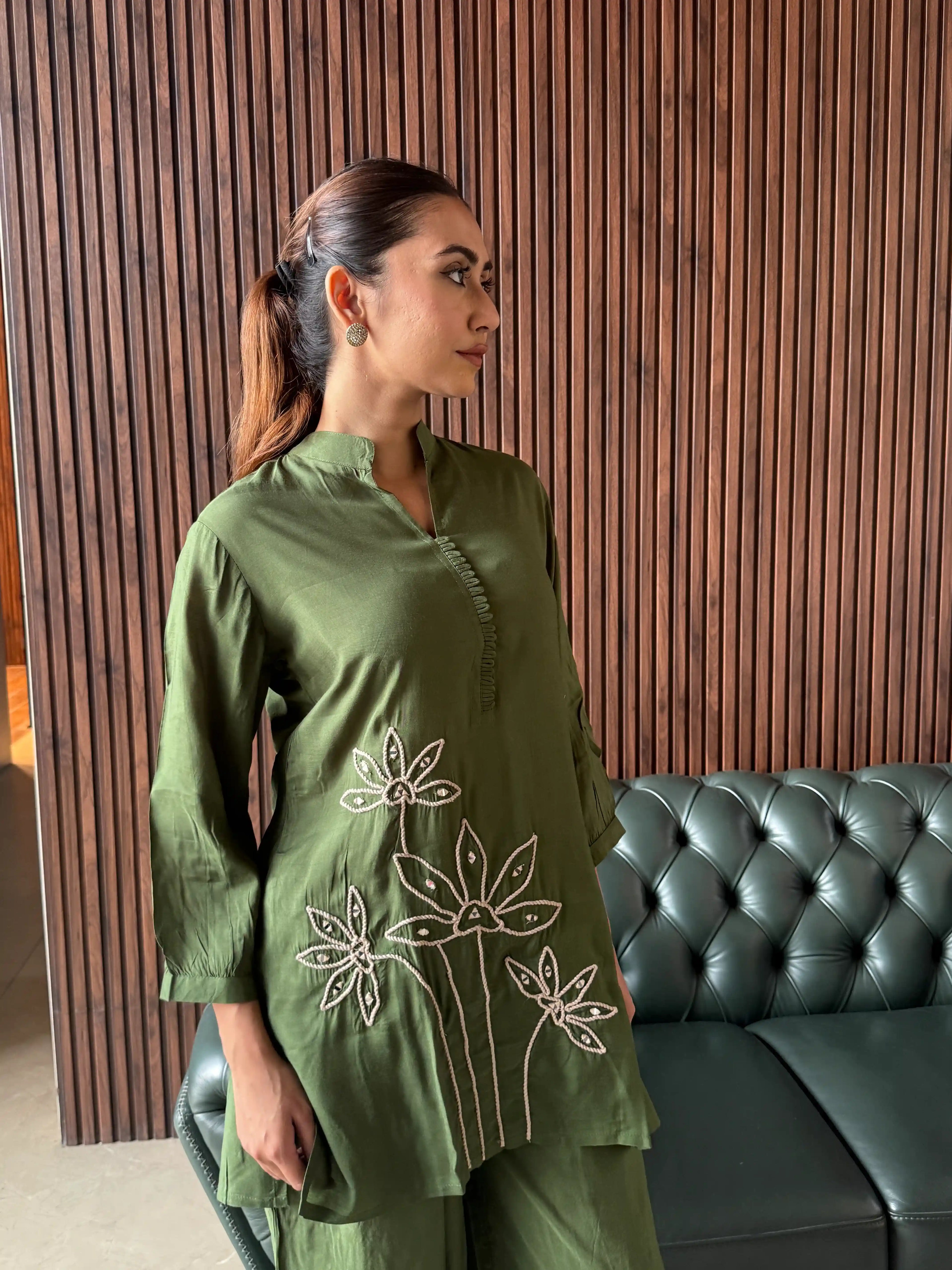 OLIVE EMBROIDERED COORD SET