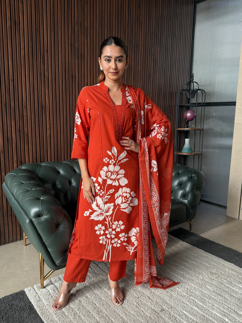 RED FLORAL PRINTED KURTA SET WITH DUPATTA