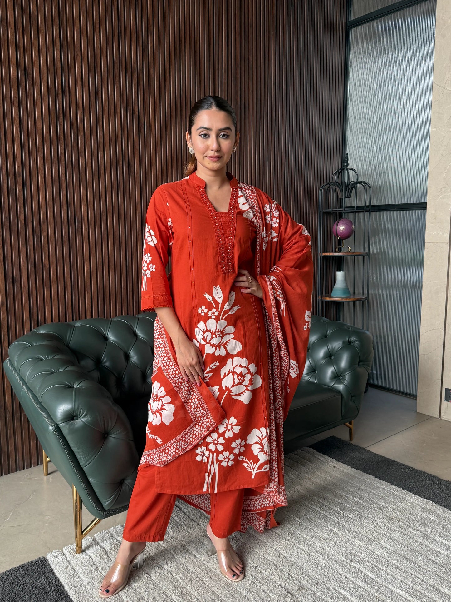 RED FLORAL PRINTED KURTA SET WITH DUPATTA
