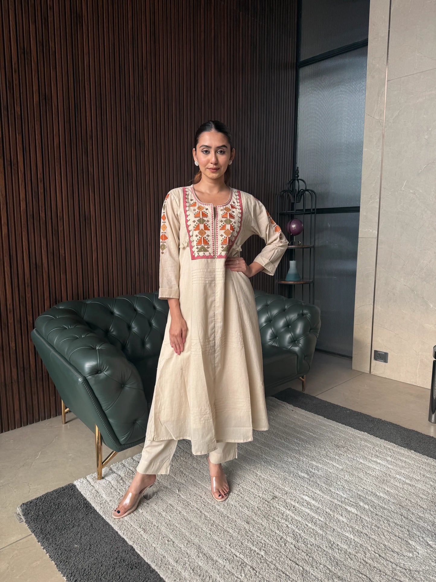 BEIGE EMBROIDERED A-LINE KURTA SET