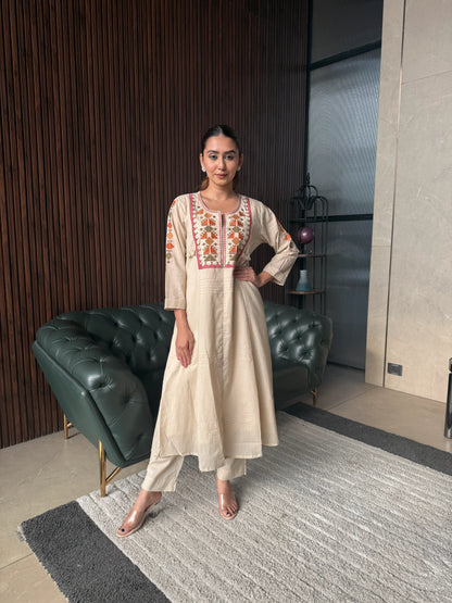 BEIGE EMBROIDERED A-LINE KURTA SET