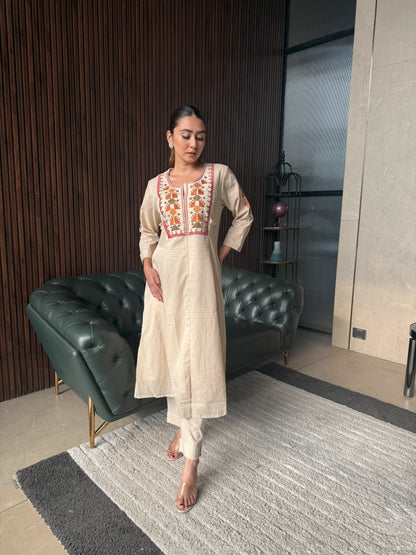 BEIGE EMBROIDERED A-LINE KURTA SET