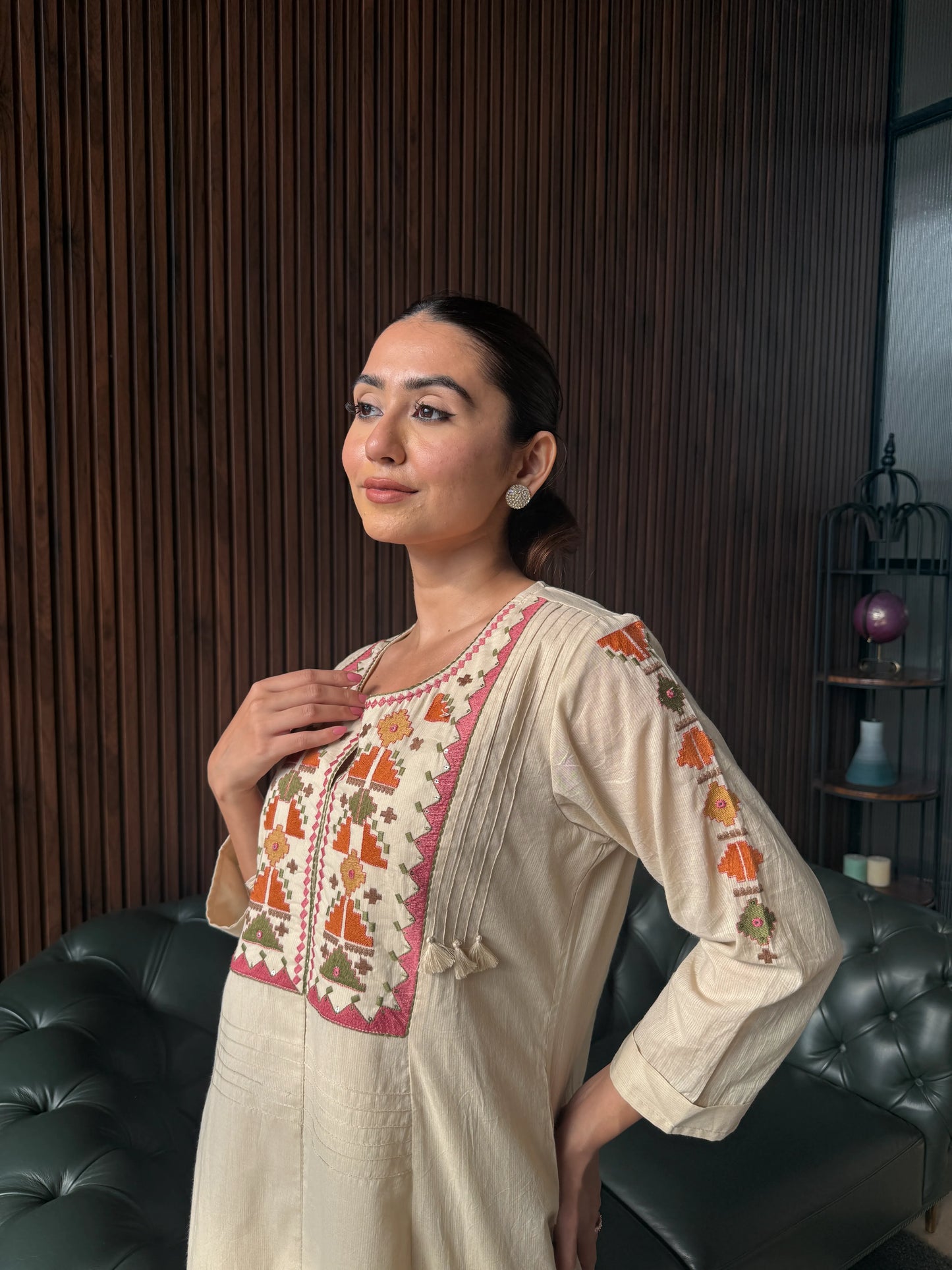 BEIGE EMBROIDERED A-LINE KURTA SET
