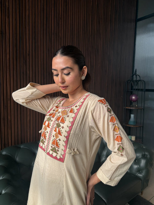 BEIGE EMBROIDERED A-LINE KURTA SET