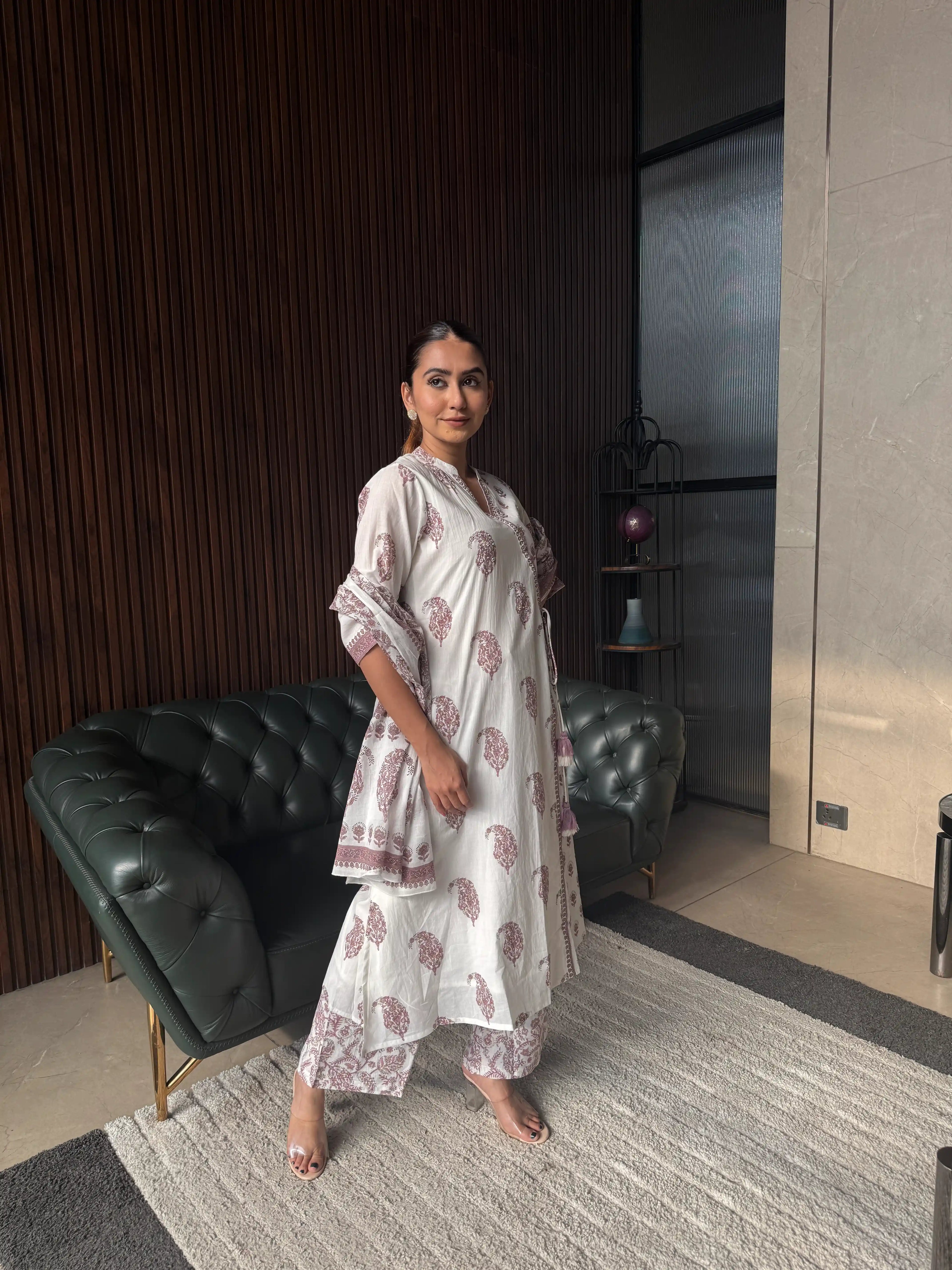 WHITE PRINTED KAFTAN DRESS