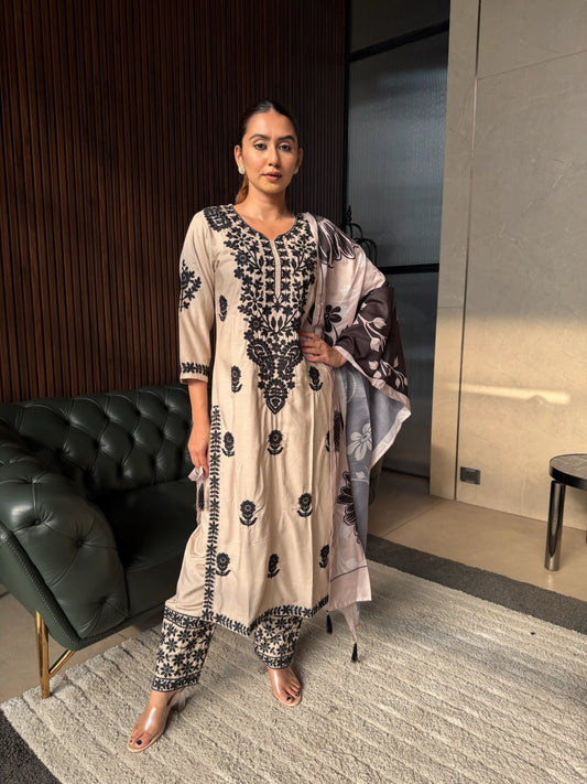 BEIGE & BLACK EMBROIDERED BLACK KURTA SET