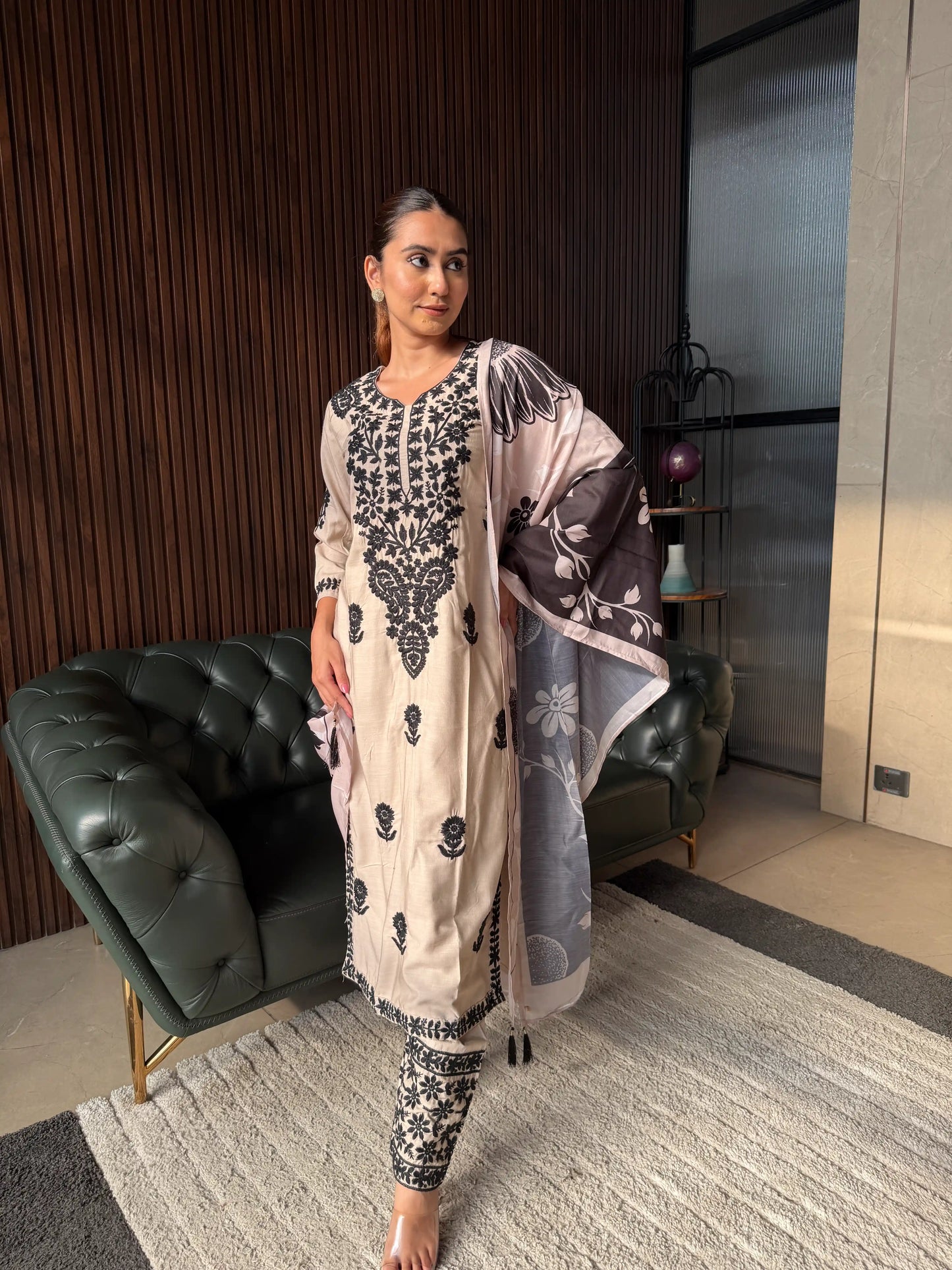 BEIGE & BLACK EMBROIDERED BLACK KURTA SET