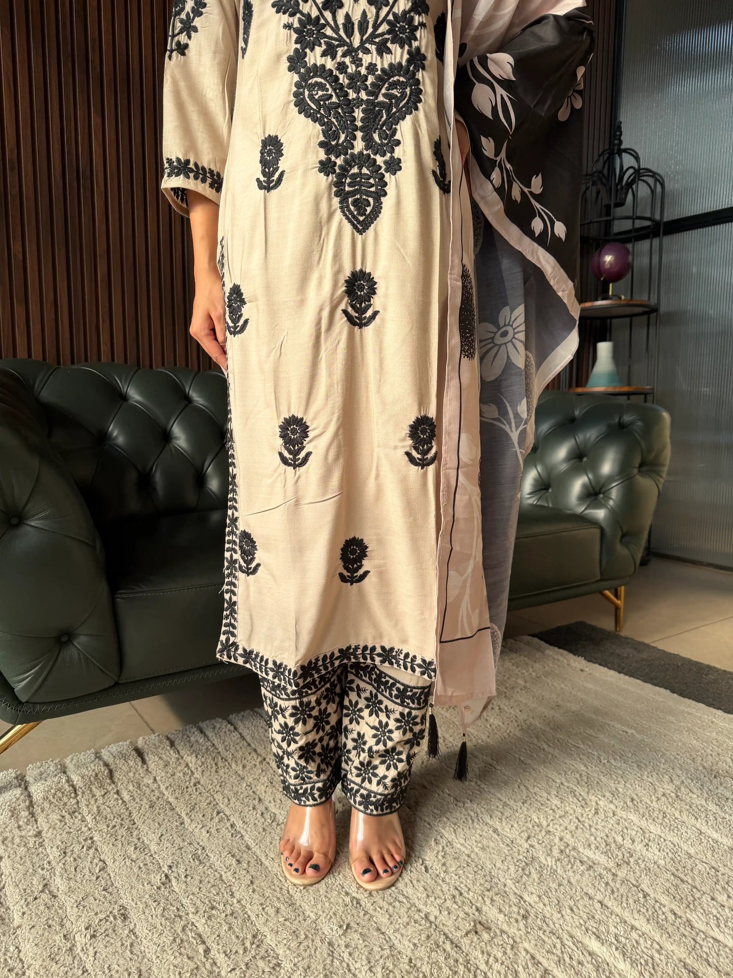 BEIGE & BLACK EMBROIDERED BLACK KURTA SET