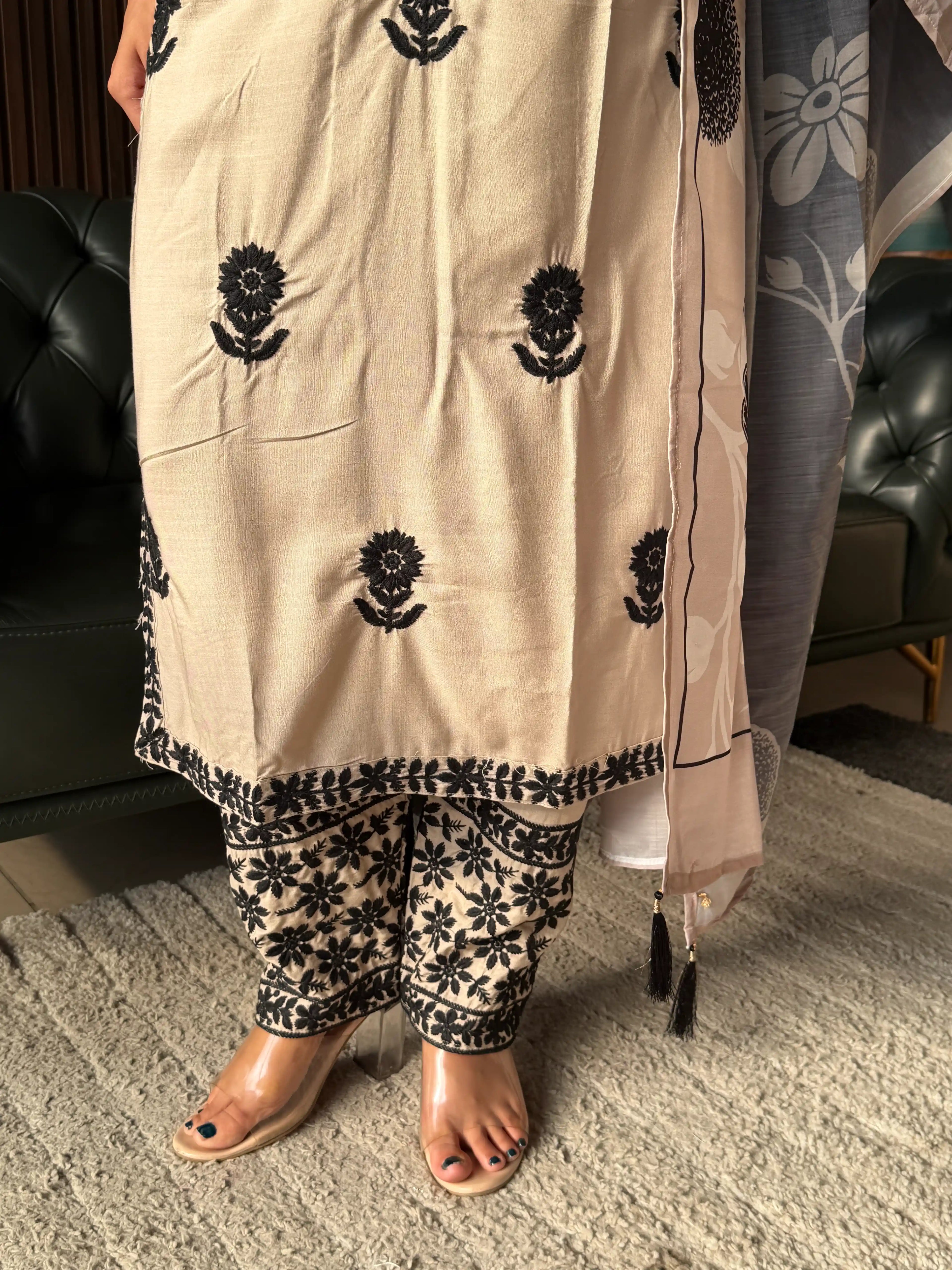 BEIGE & BLACK EMBROIDERED BLACK KURTA SET