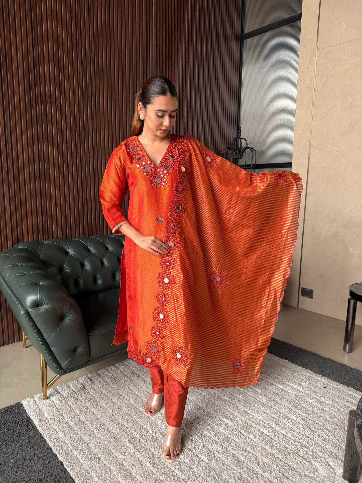 RUST ORANGE EMBROIDERED KURTA SET WITH DUPATTA
