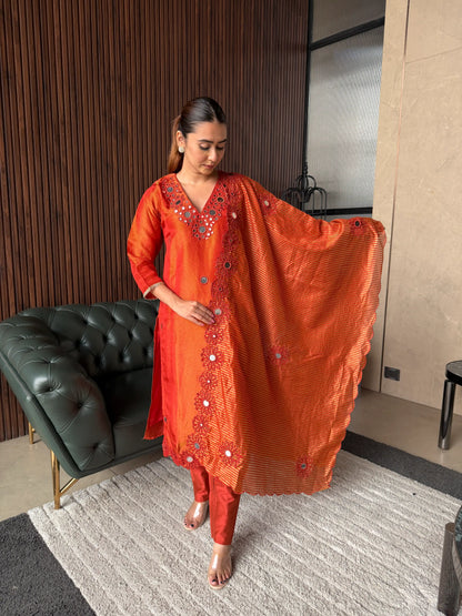 RUST ORANGE EMBROIDERED KURTA SET WITH DUPATTA