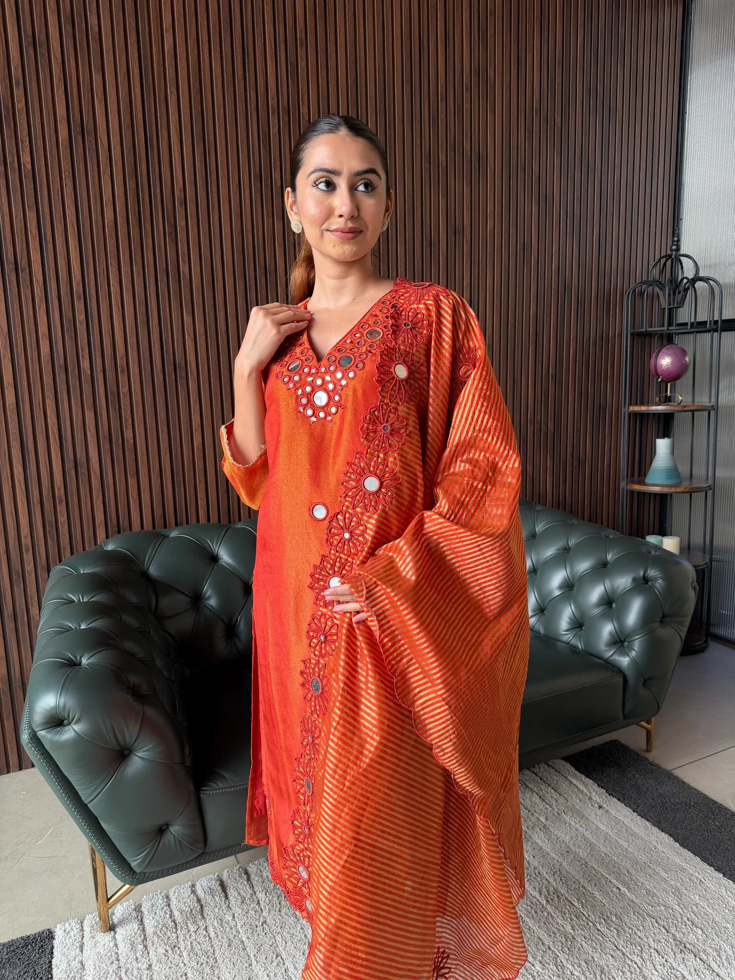 RUST ORANGE EMBROIDERED KURTA SET WITH DUPATTA