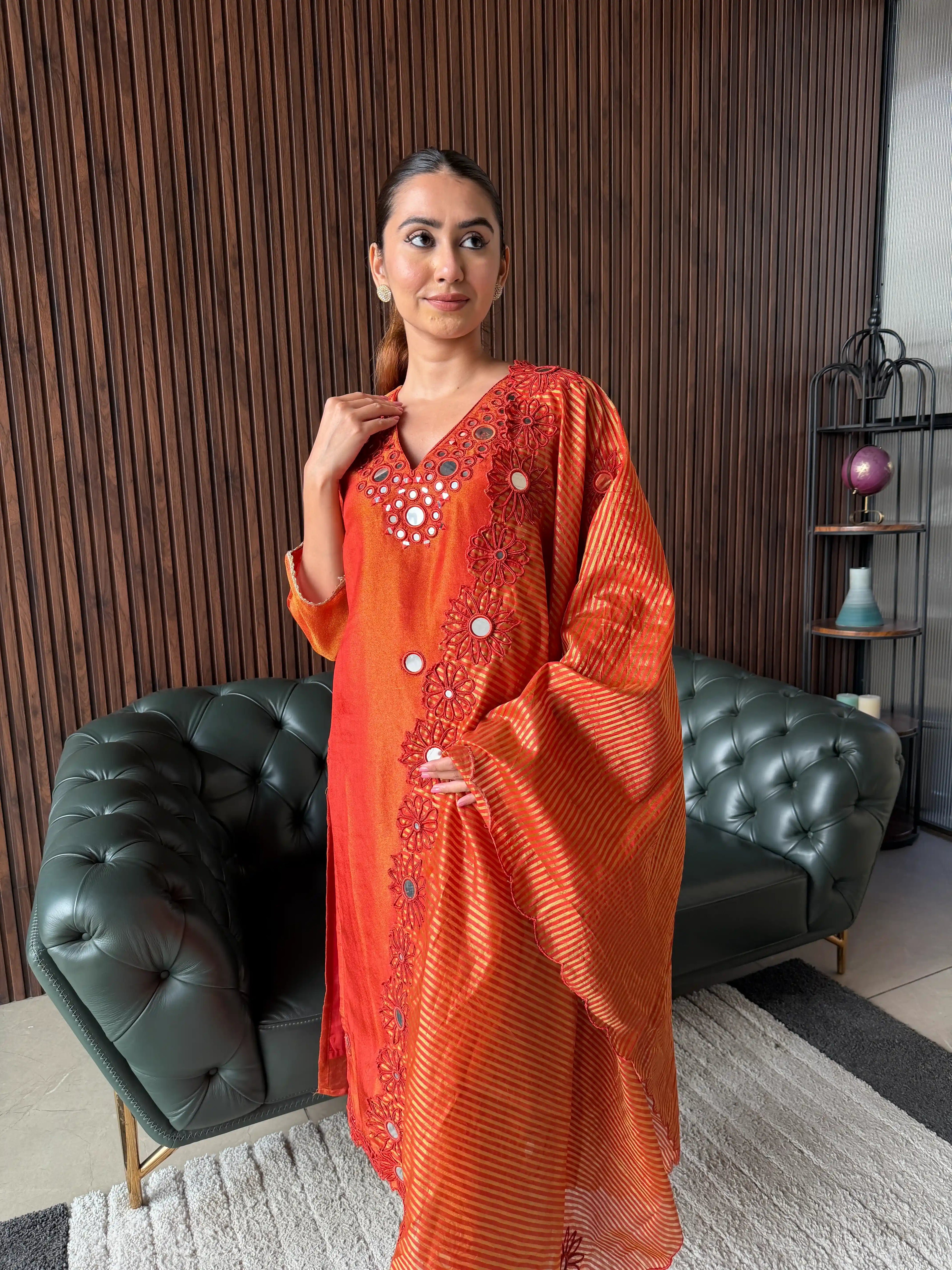 RUST ORANGE EMBROIDERED KURTA SET WITH DUPATTA