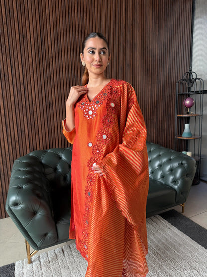 RUST ORANGE EMBROIDERED KURTA SET WITH DUPATTA