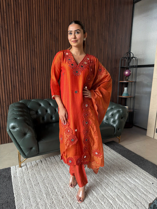 RUST ORANGE EMBROIDERED KURTA SET WITH DUPATTA