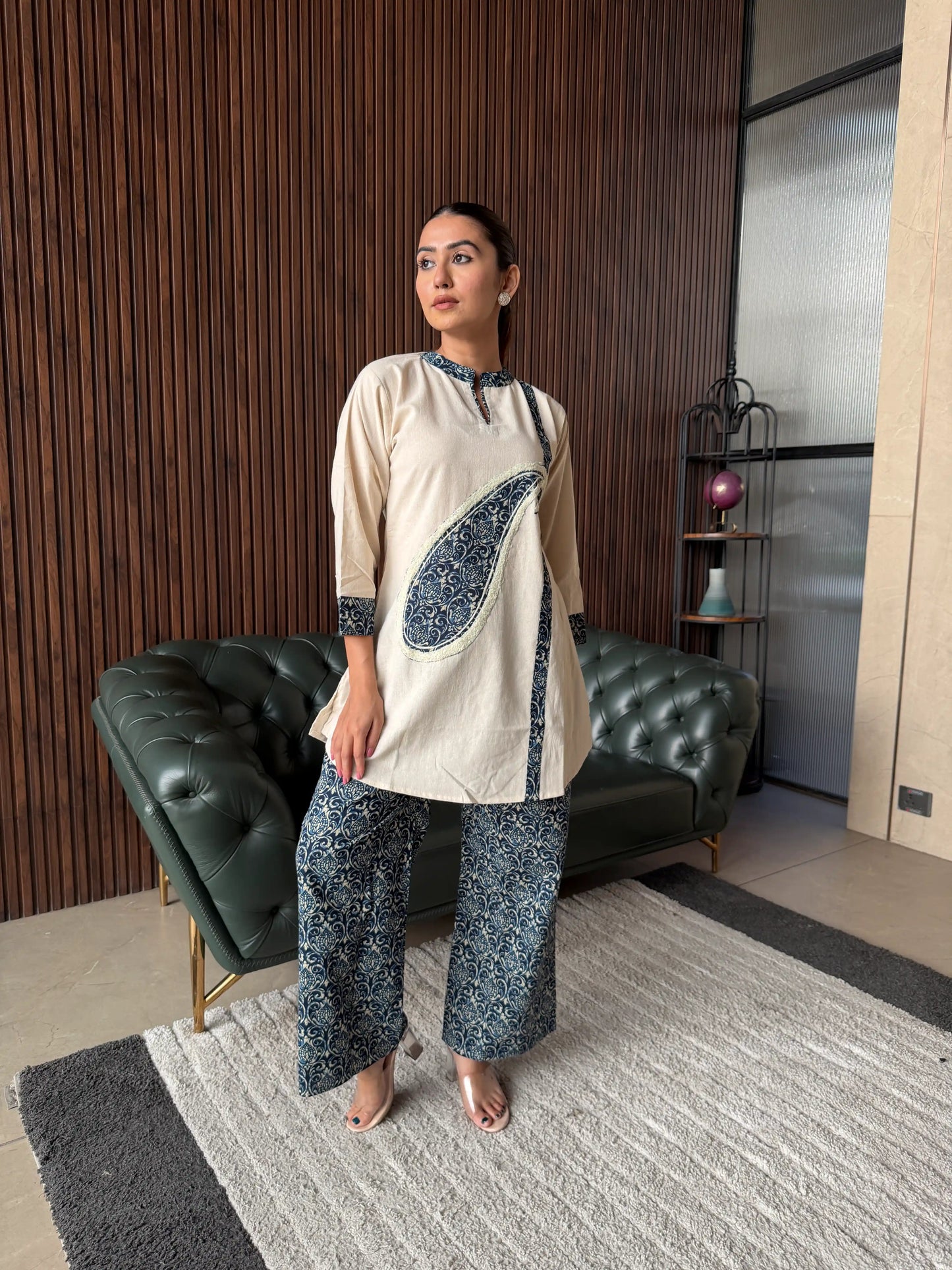 BEIGE & INDIGO PRINTED COORD SET