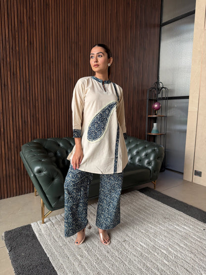 BEIGE & INDIGO PRINTED COORD SET