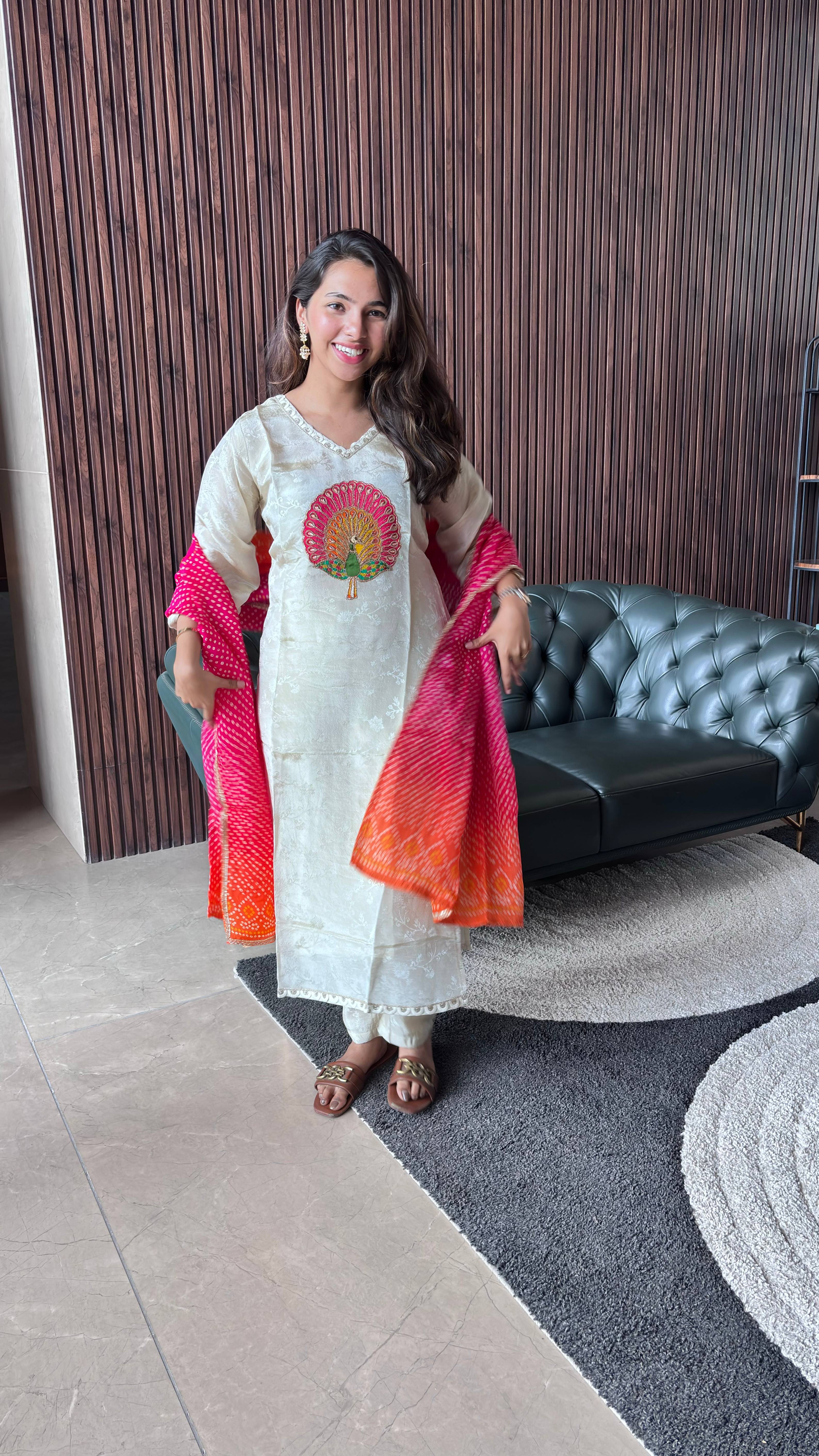 CREAM JACQUARD KURTI SET